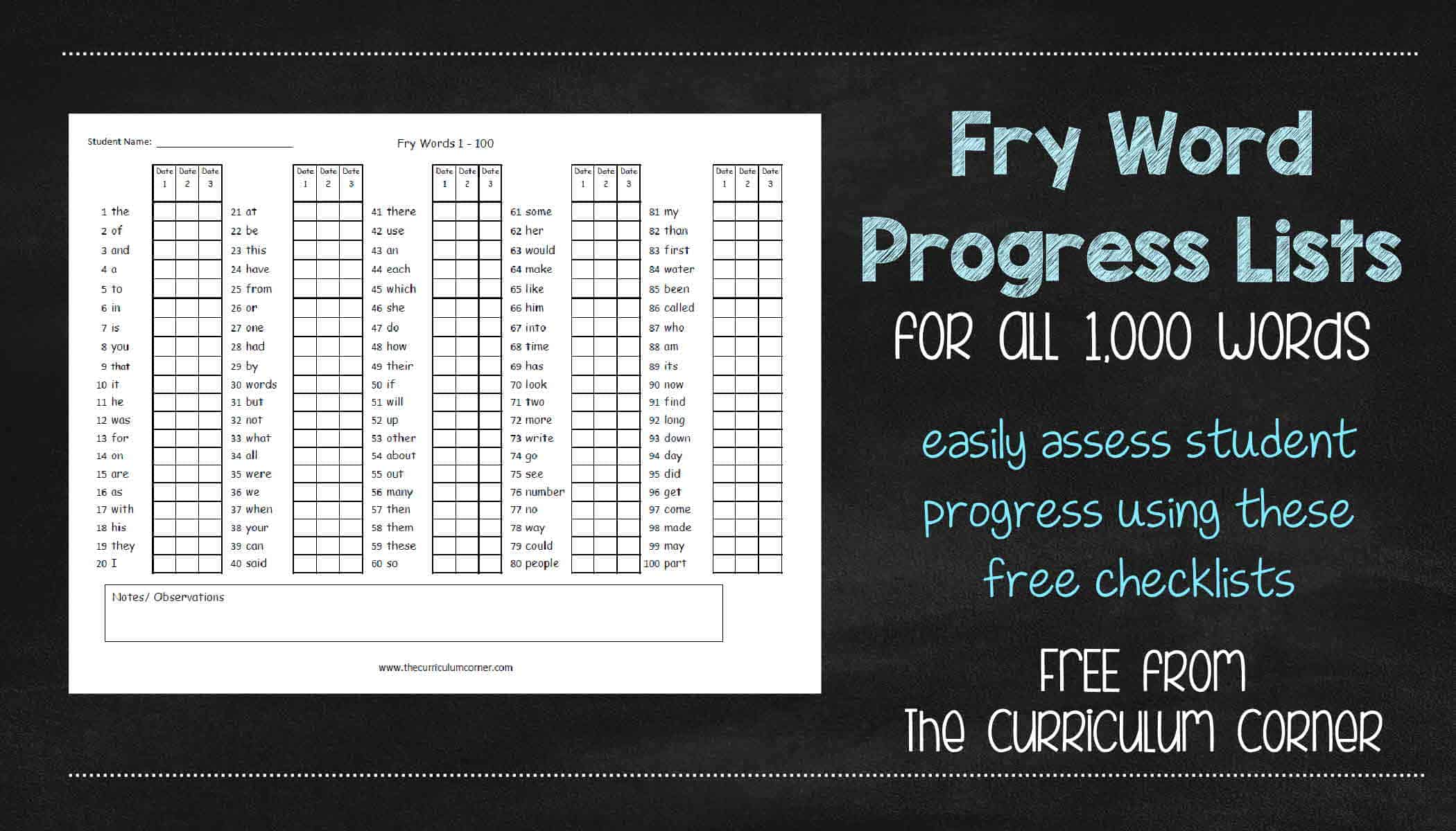 Fry Word Tracking Check Off Pages The Curriculum Corner 123