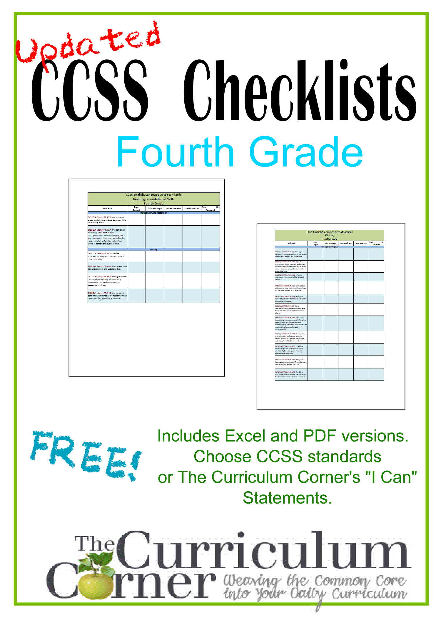 Updated 4th Grade CCSS And I Can Checklists The Curriculum Corner 4 5 6