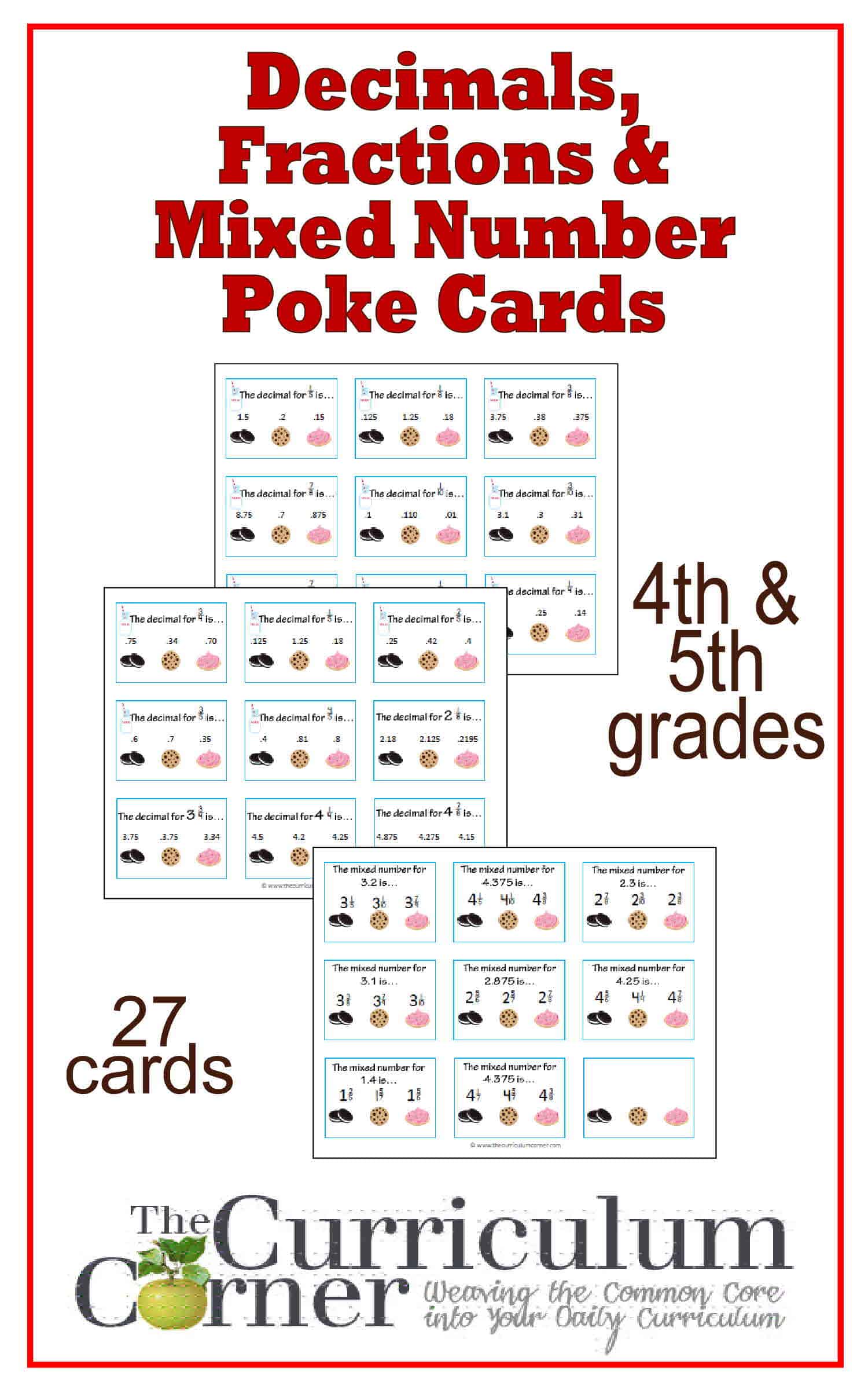 Decimals Fractions Mixed Numbers Poke Cards The Curriculum Corner 4 5 6