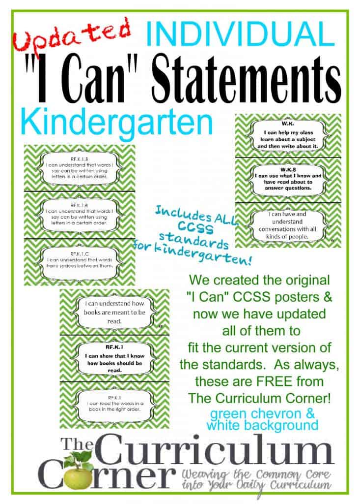 Individual I Can Statements for CCSS Kindergarten - The Kinder Corner