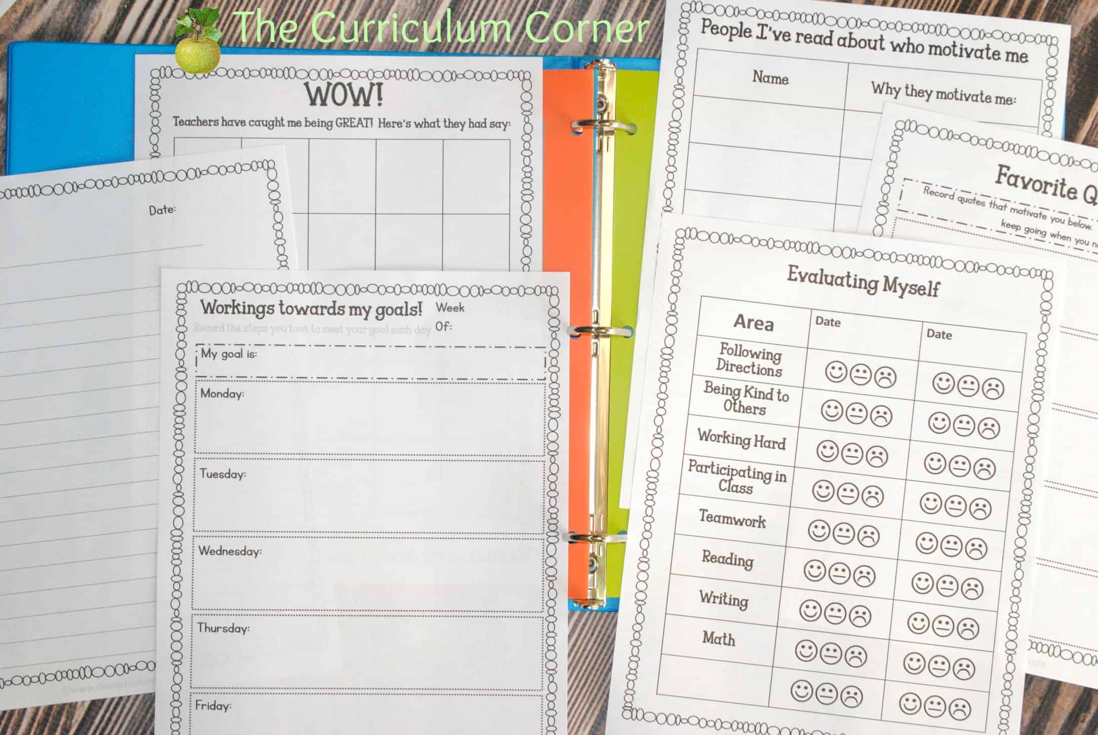 FREE Editable Student Data Binder from The Curriculum Corner with Reflection Pages