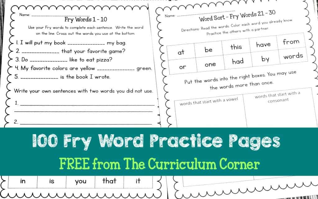 Fry Word Practice Pages The Curriculum Corner 123