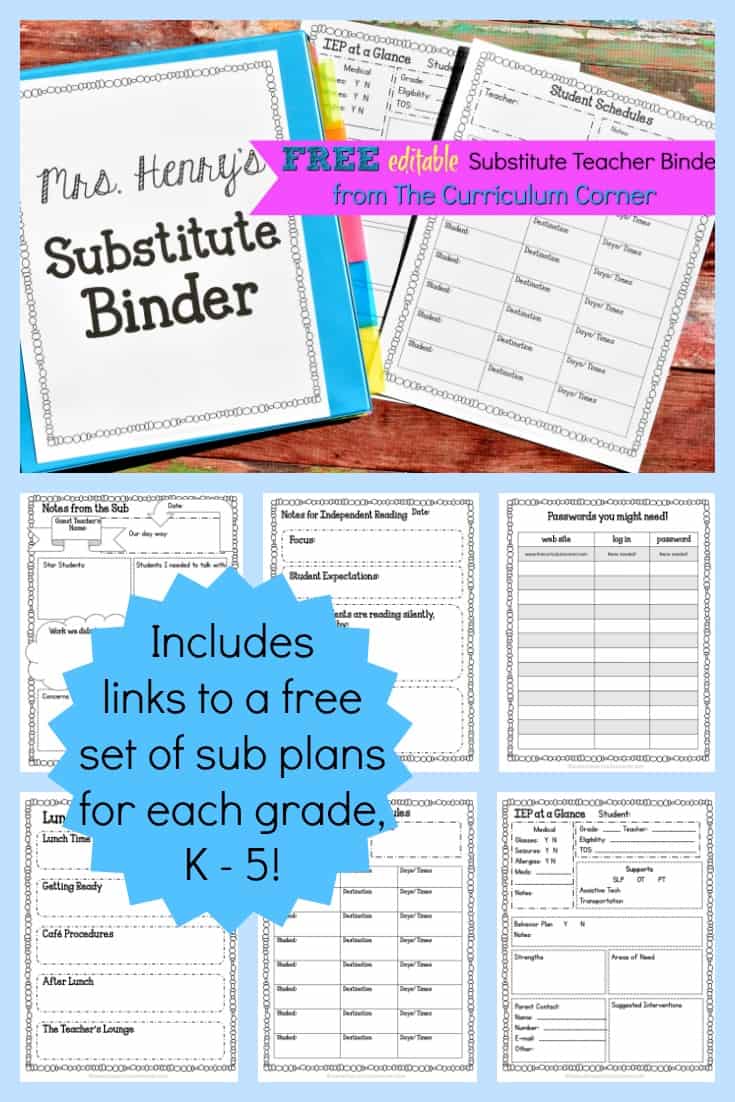 Editable Substitute Planning Binder - The Curriculum Corner 123