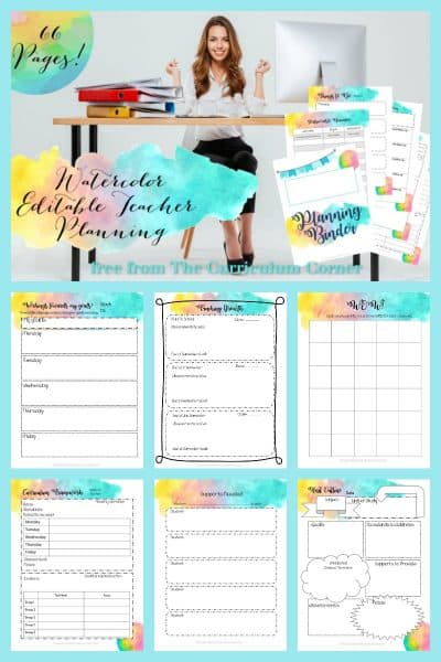 Watercolor Editable Teacher Binder - The Curriculum Corner 123