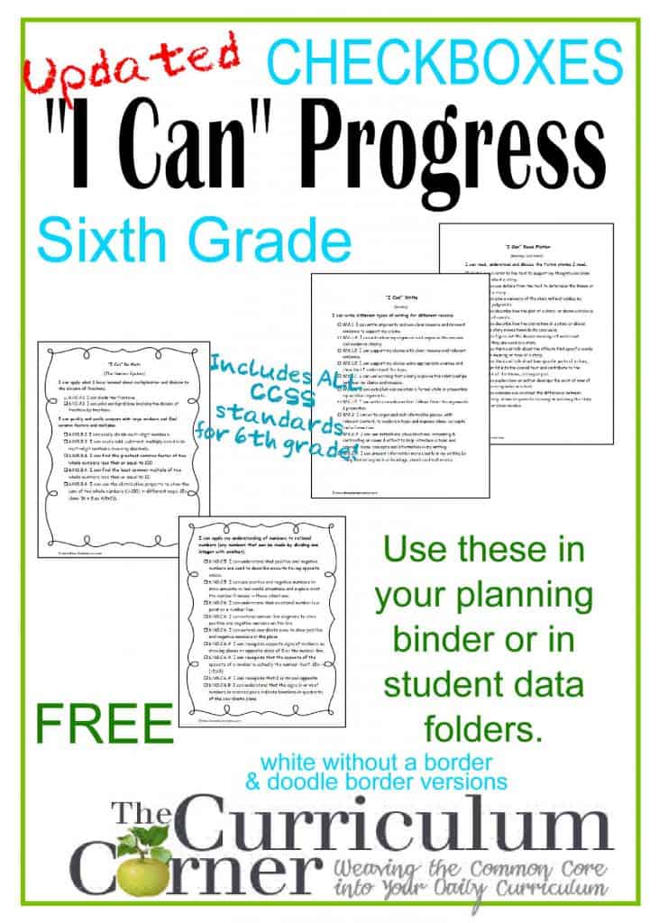 I Can Statements 6th Grade CCSS Progress Checkboxes - The Curriculum ...