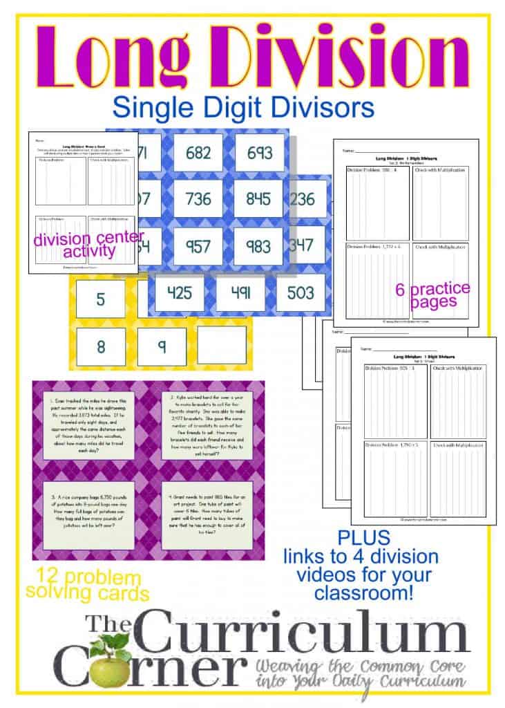 Long Division:  Dividing by a Single Digit Divisor | Center Activity | Practice Pages | Problem Solving Cards | Links to four great division videos